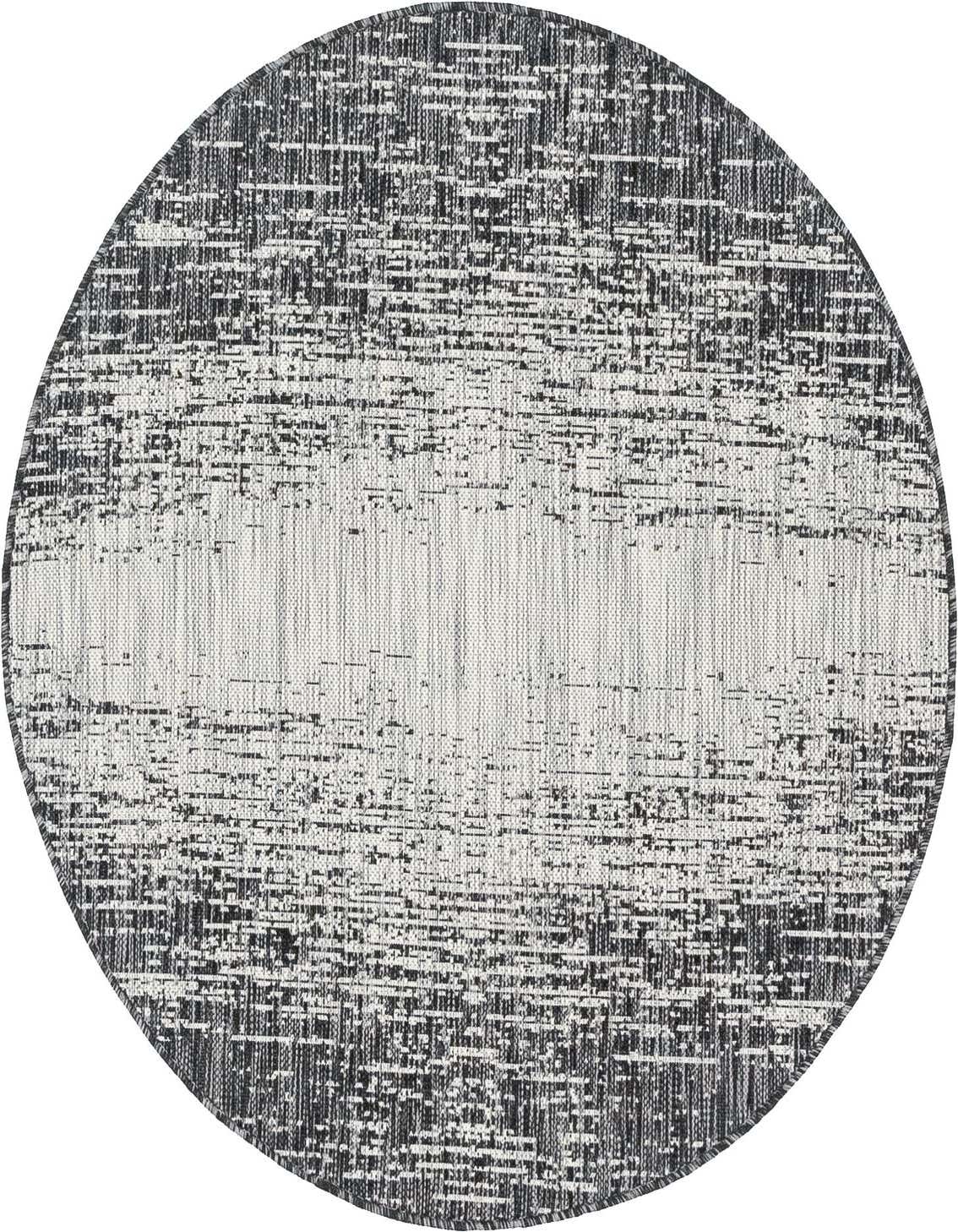 A 4' round black and gray indoor/outdoor rug with a modern distressed pattern, ideal for a patio.