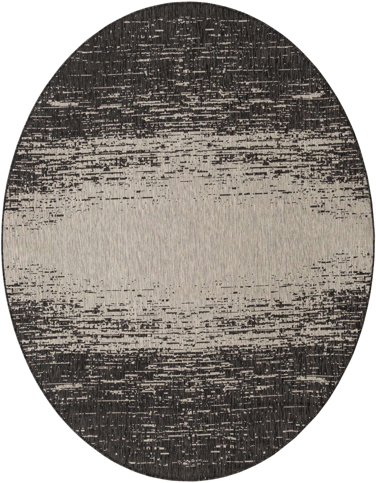 A round 7' 10 x 7' 10 black and gray outdoor rug with a modern distressed stripe pattern.