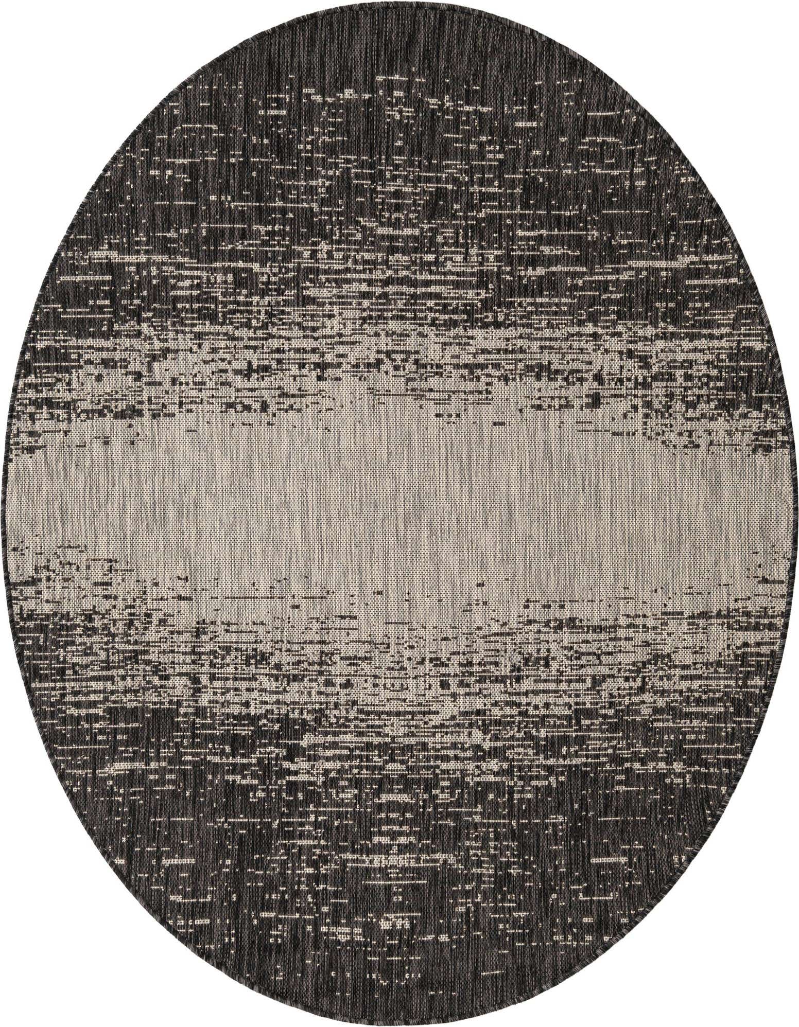 A 5'3" round black and gray rug with a distressed, modern pattern, ideal for indoor or outdoor spaces.