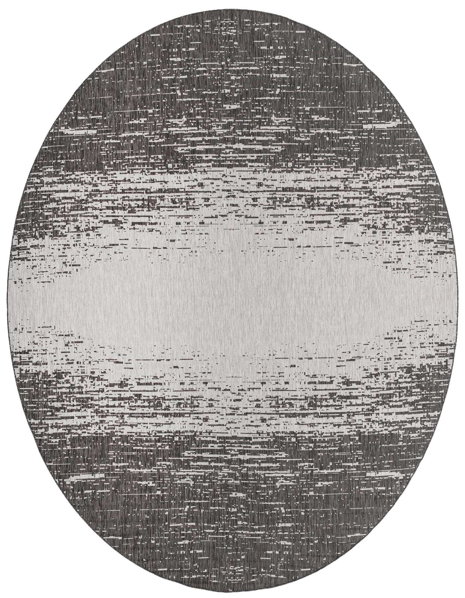 A large round black and gray modern outdoor rug with a distressed, horizontal stripe pattern, ideal for a patio.