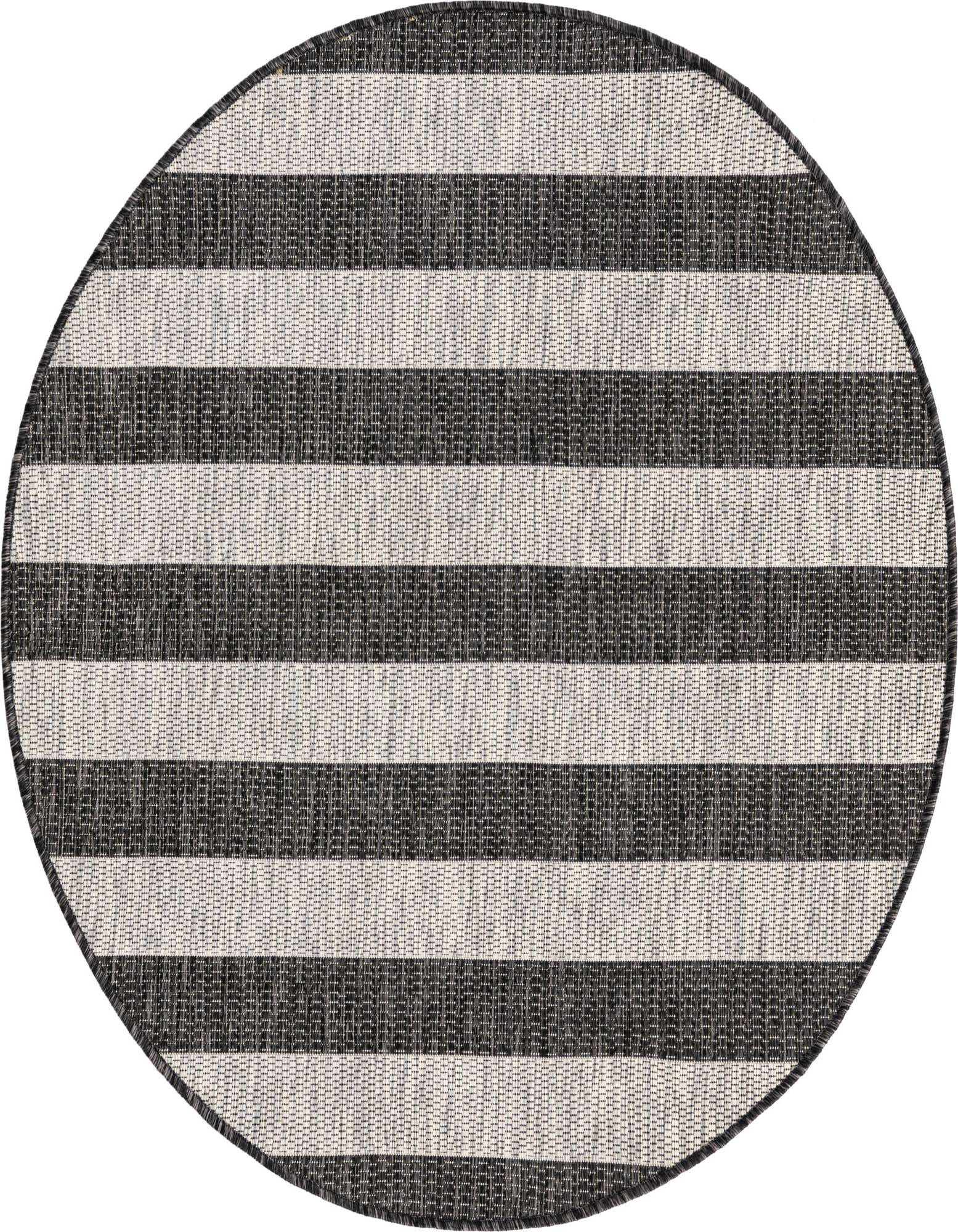 A 4' round black and gray striped indoor/outdoor rug with a flat weave texture, suitable for a patio.