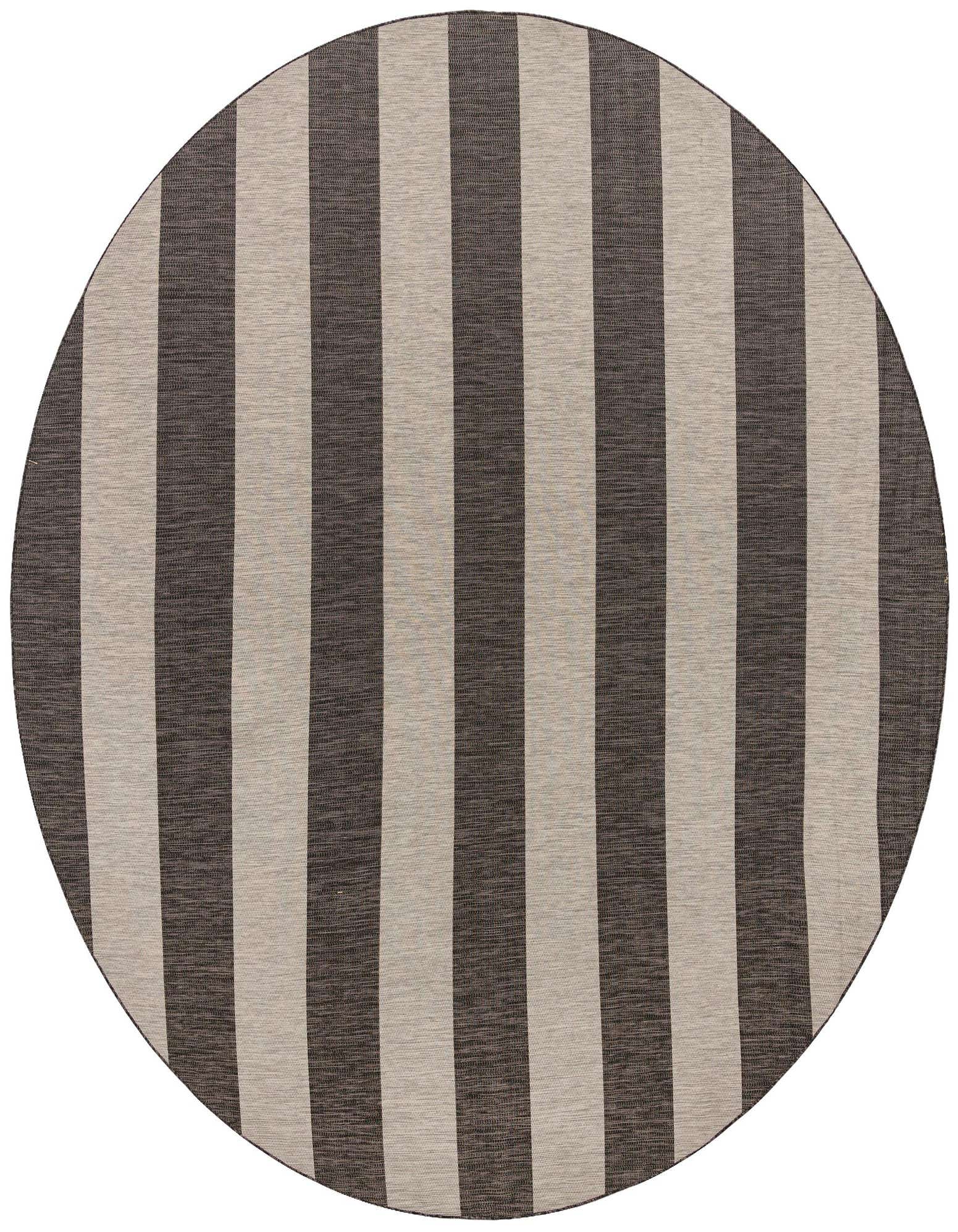 A 13-foot round Rugs.com Outdoor Ribbon rug featuring wide black and light gray vertical stripes, ideal for a patio.