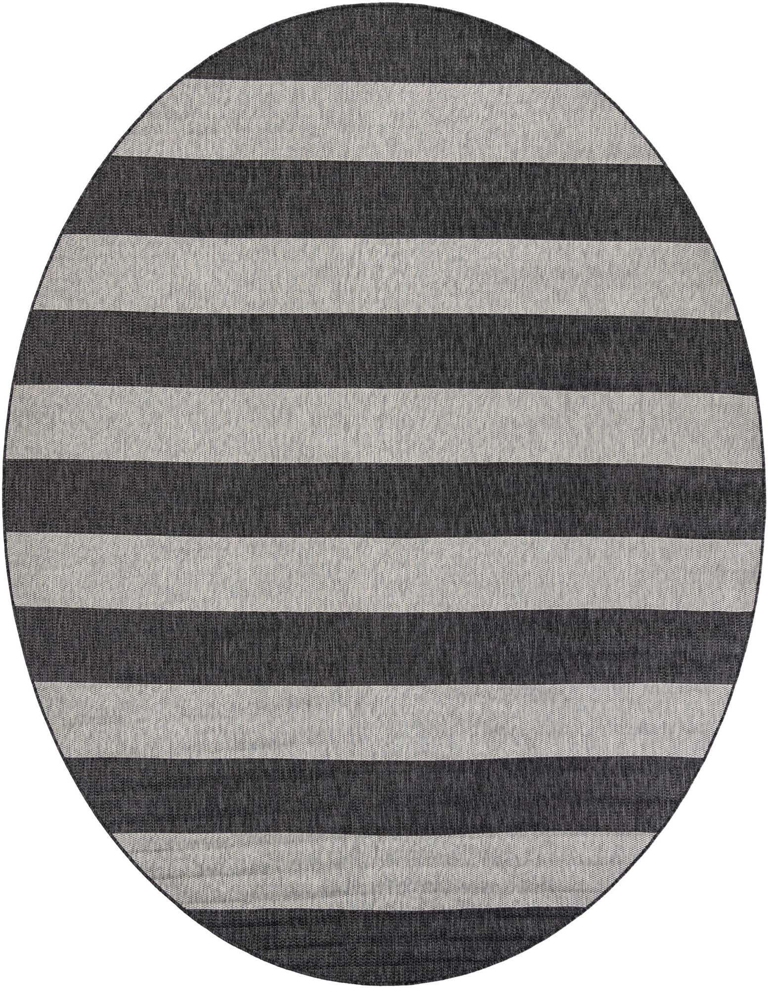 A 10-foot round black and gray striped outdoor rug, perfect for a modern patio or deck.