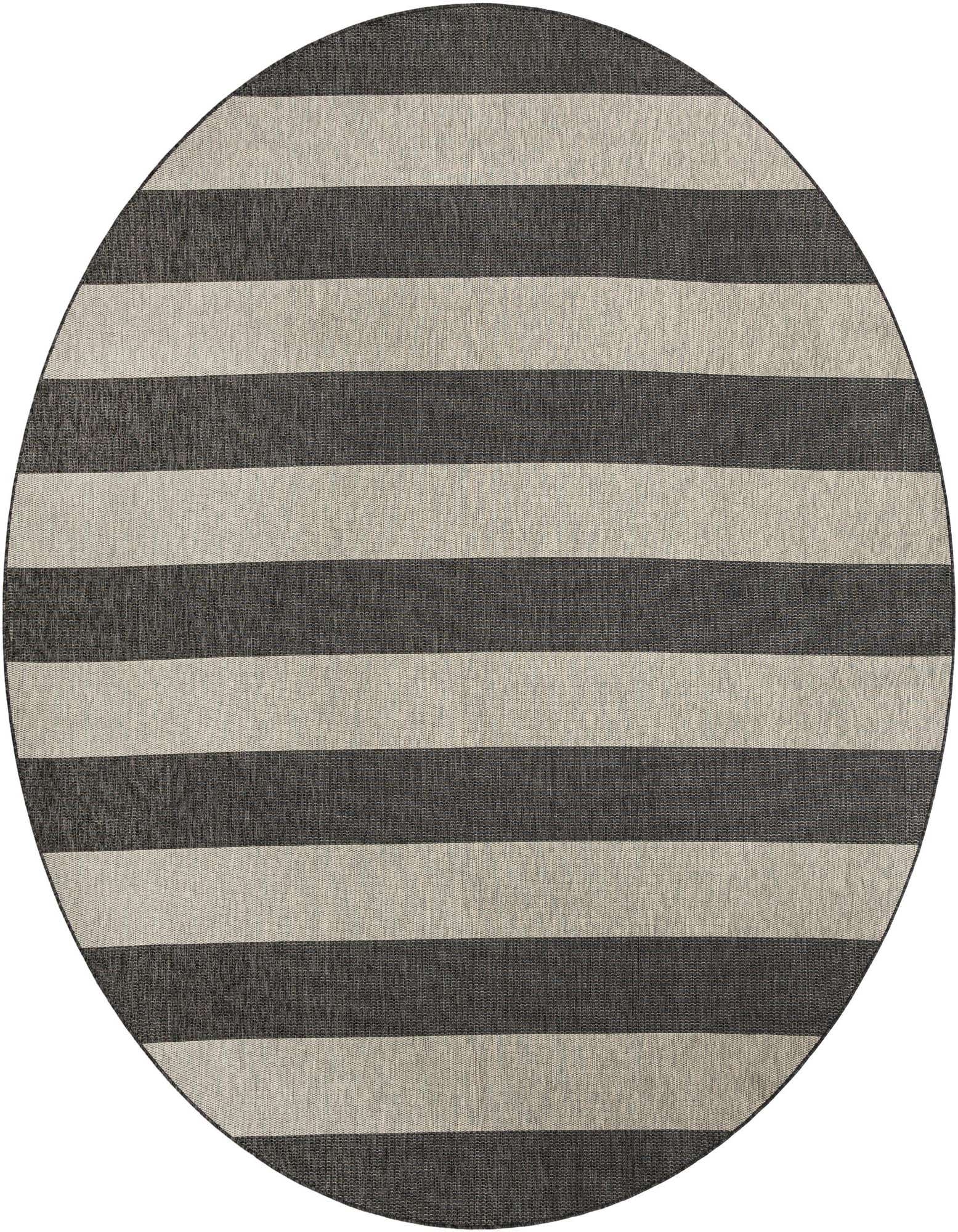 A 12-foot round black and gray striped outdoor rug, perfect for a modern patio or deck.