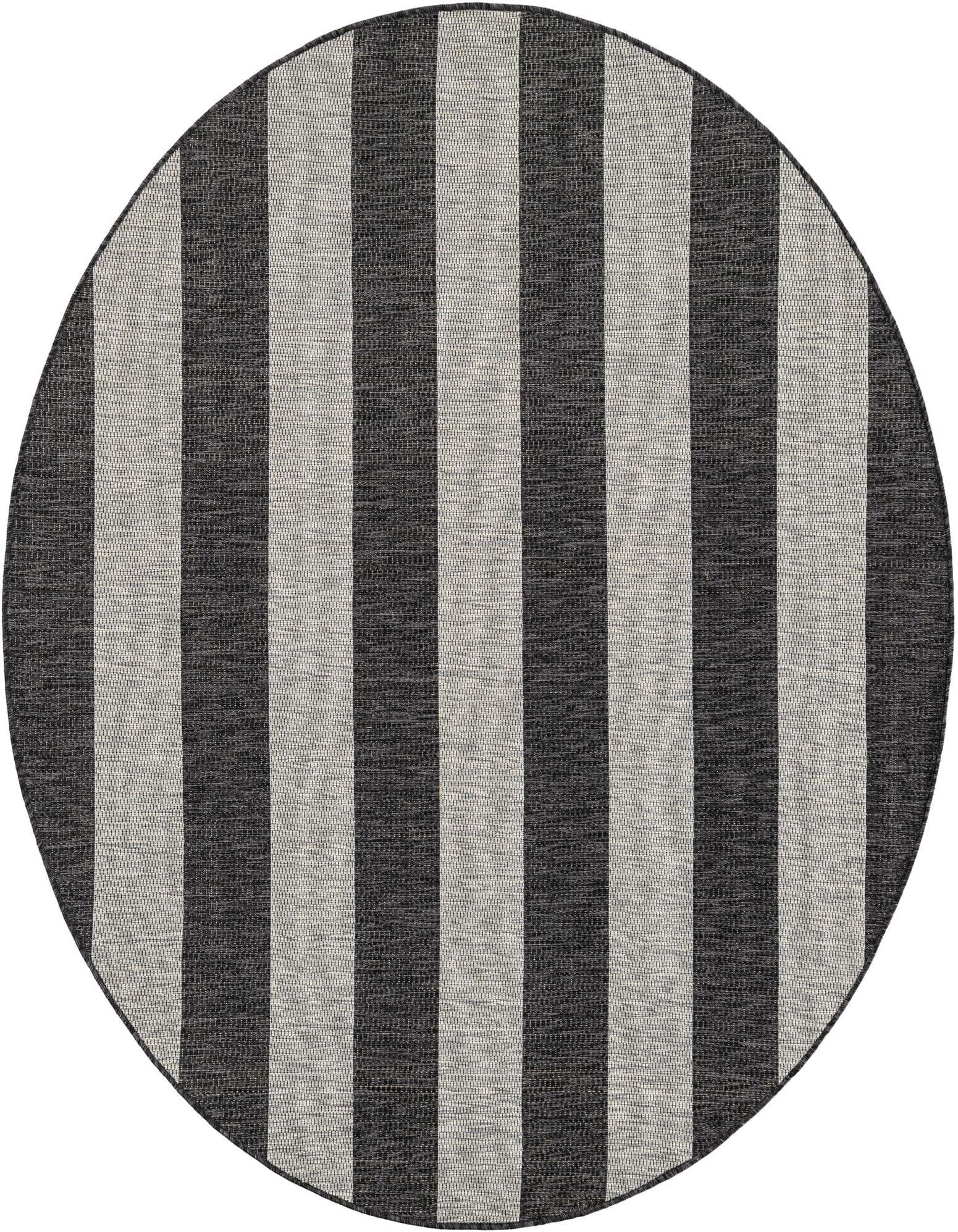 A 6' round indoor/outdoor rug with wide vertical stripes in charcoal black and light gray, suitable for a patio.