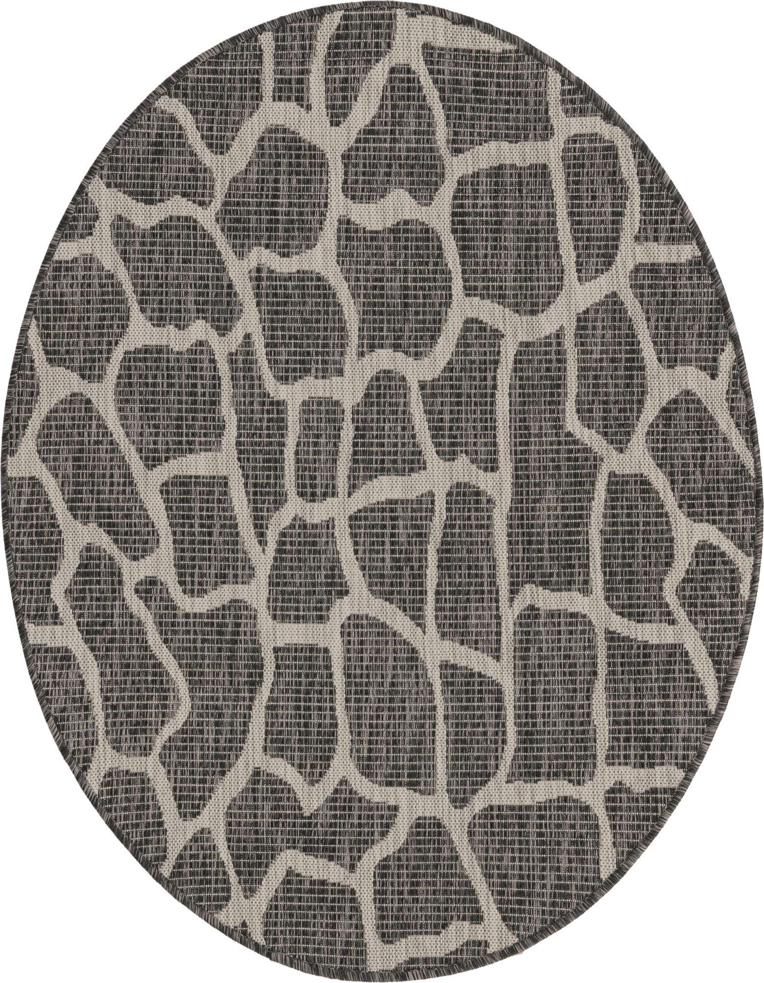 A 4' round black and gray abstract patterned rug, suitable for indoor or outdoor use, shown on a white background.