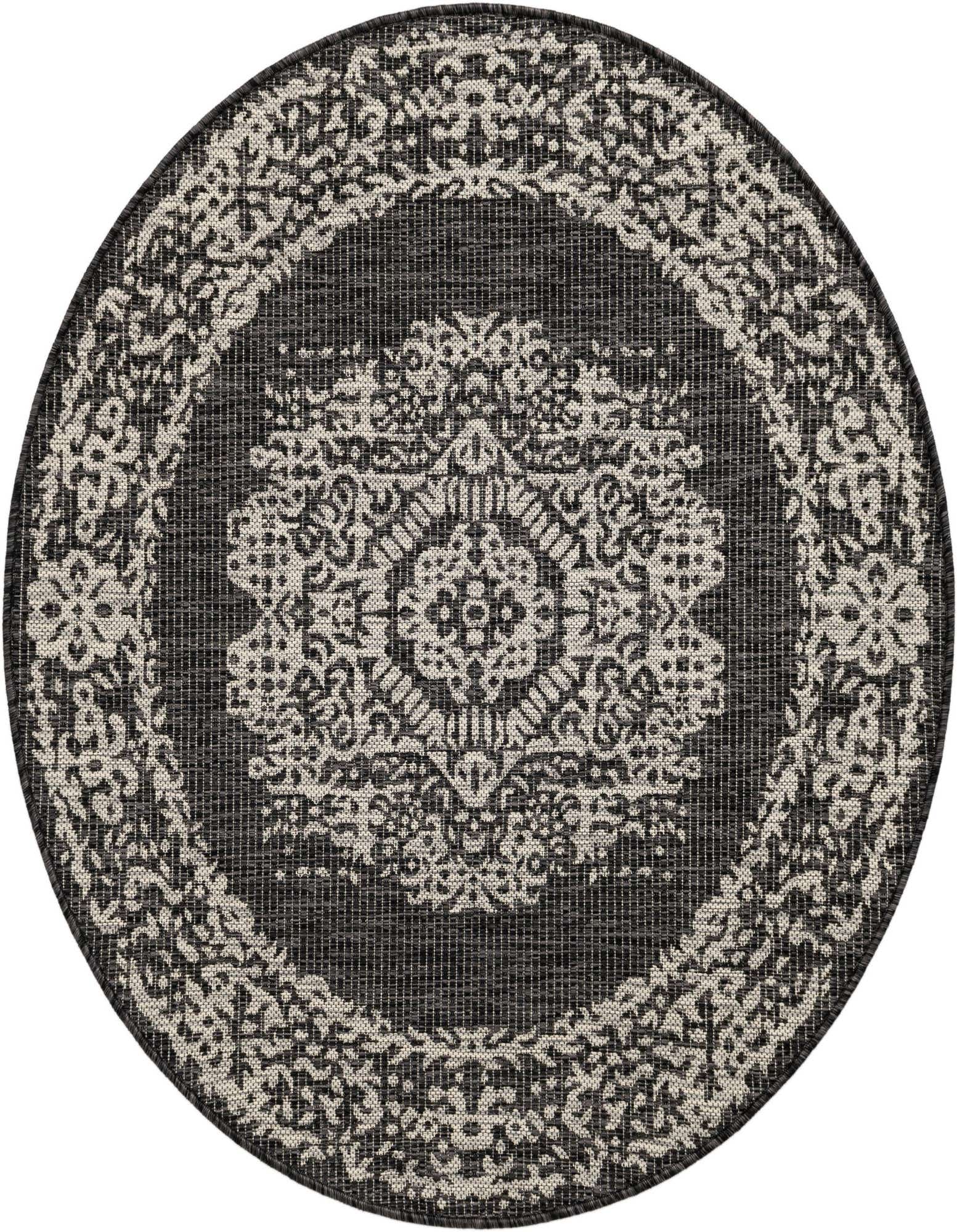 A 4' round black and gray Southwestern medallion rug with a textured flatweave, suitable for indoor or outdoor use.
