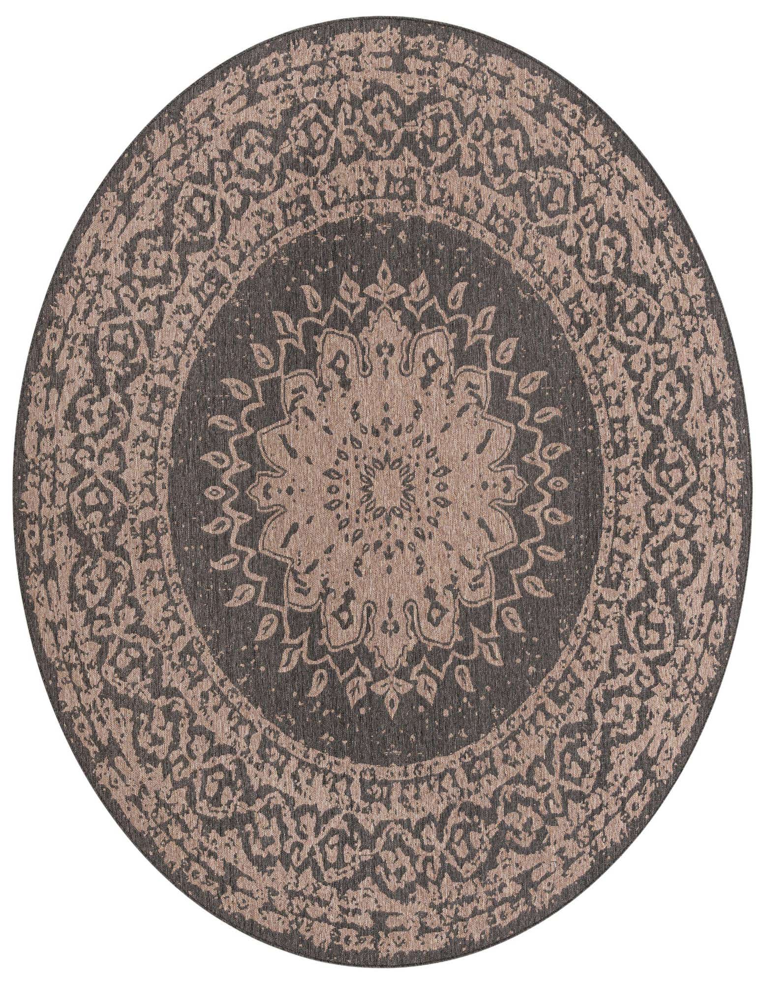 A 10-foot round black and gray medallion rug with a traditional pattern, suitable for indoor or outdoor use.