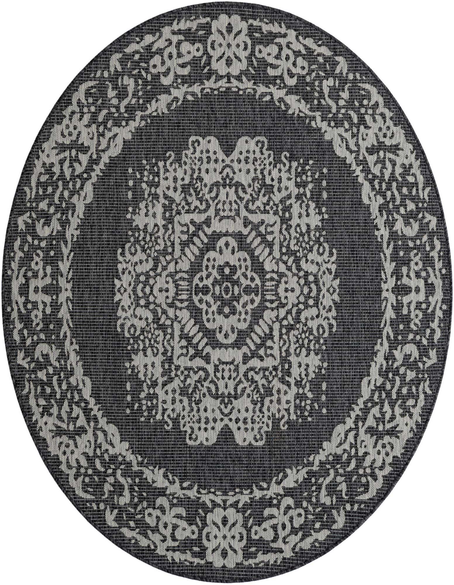 A 6' round black and gray Southwestern rug with a detailed medallion pattern, suitable for indoor or outdoor use.