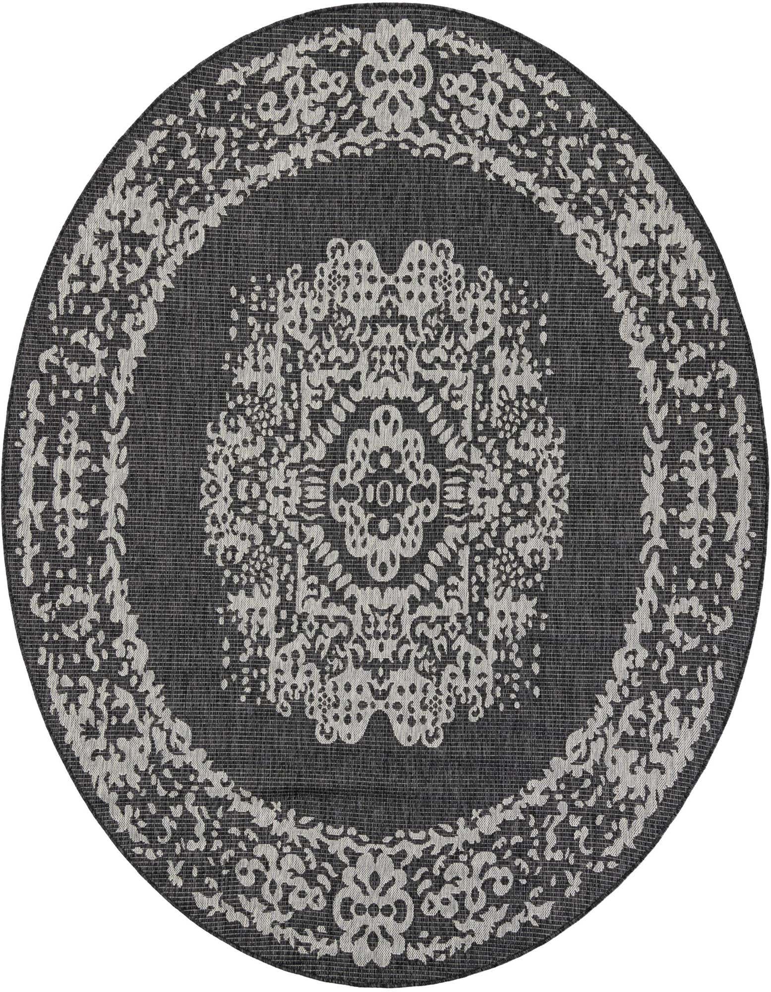A 7' 10 round black and gray indoor/outdoor rug with a traditional medallion and border pattern.