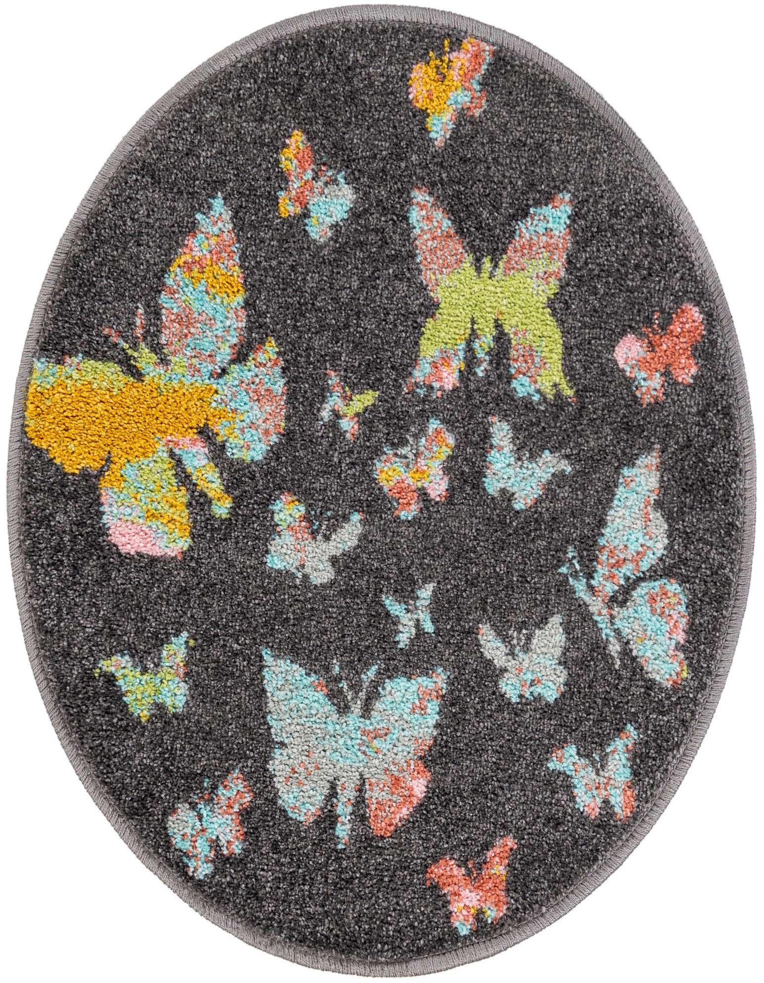Round dark gray rug with a vibrant, scattered butterfly pattern in yellow, green, blue, and pink, perfect for a child's room.