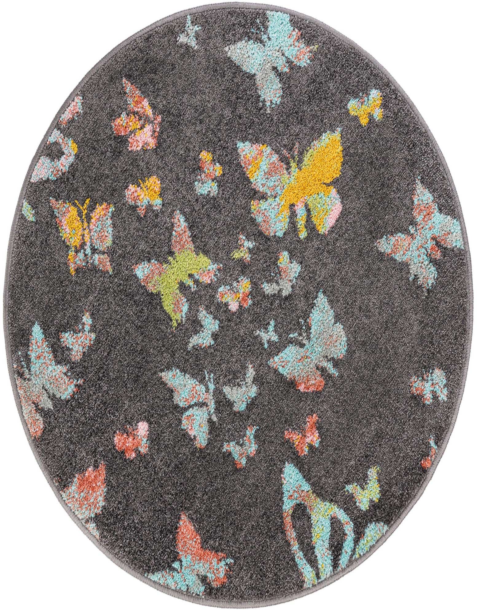 A round gray rug with a vibrant, scattered butterfly pattern in shades of yellow, blue, green, and pink.
