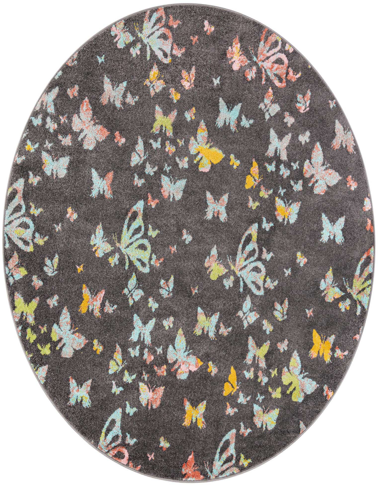 A round 7' 10 x 7' 10 gray rug featuring a whimsical pattern of colorful butterflies in various sizes, perfect for a child's room.