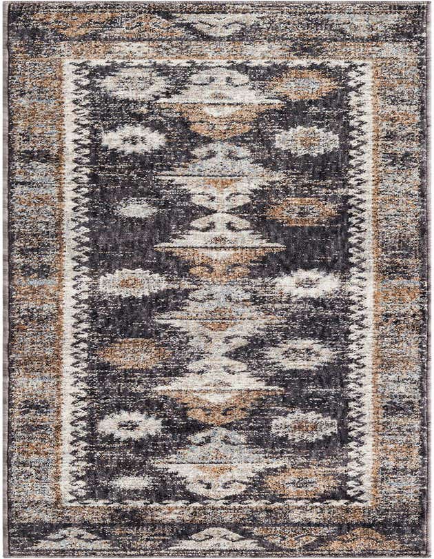 A 6 ft runner rug with a distressed Southwestern tribal pattern in black, gray, and tan, ideal for a hallway or kitchen.