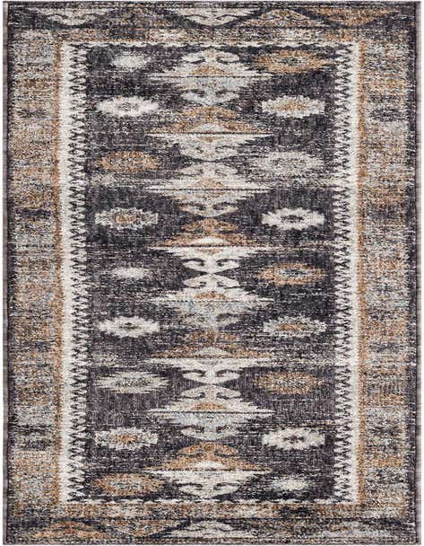 An 8 ft runner rug from the Eco Southwestern collection featuring a distressed tribal pattern in black, gray, and tan.