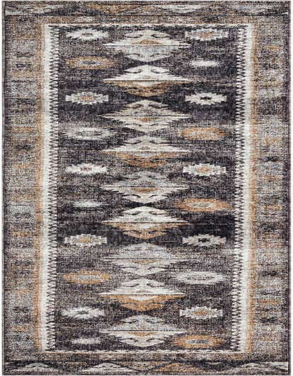 A 12 ft runner rug featuring a distressed Southwestern tribal pattern in black, gray, silver, and tan, ideal for a hallway.
