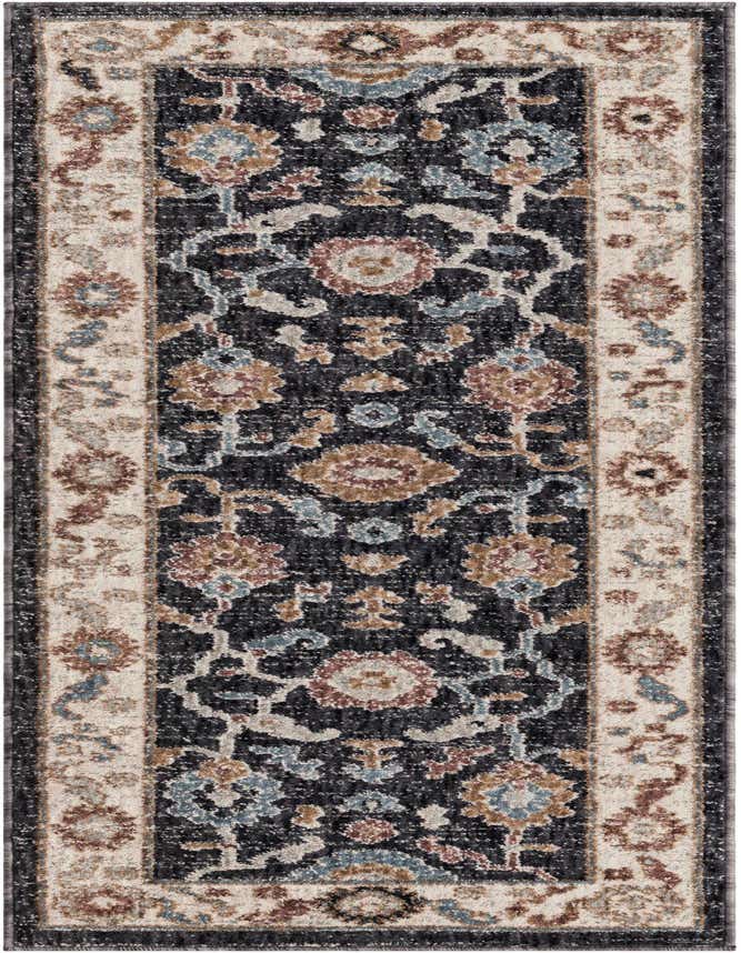 A 6 ft runner rug with a black and gray traditional floral pattern, bordered by a cream and brown design.