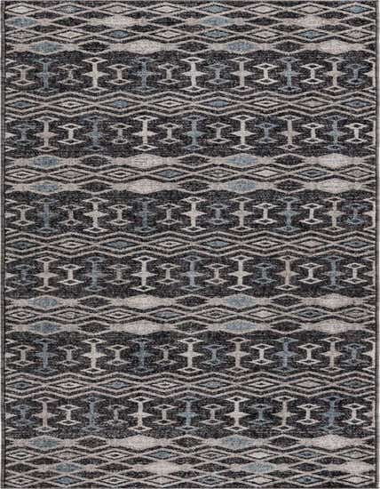A 12 Ft runner rug featuring a distressed modern trellis pattern in black, gray, and subtle blue tones, ideal for a hallway.