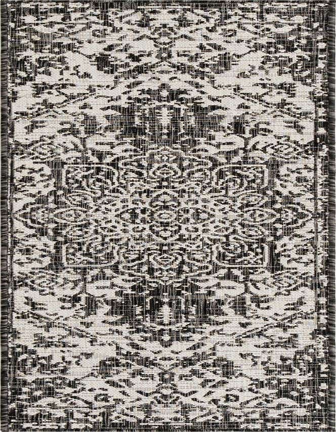 A 6 ft runner rug with a distressed black and off-white Mediterranean medallion pattern, ideal for a hallway or patio.