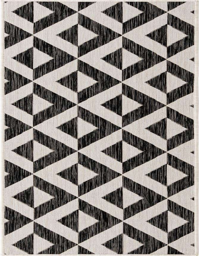 A 6 ft runner rug with a bold black and white geometric trellis pattern, suitable for hallways or patios.