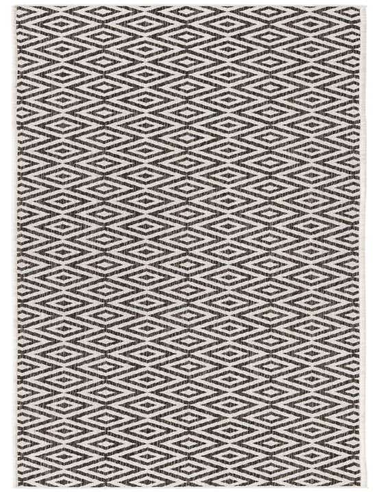 A 10 ft runner rug with a black and white geometric trellis pattern, suitable for hallways or patios.