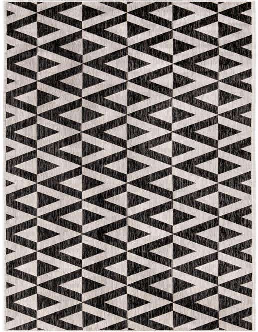 A black and light gray runner rug with a repeating geometric trellis pattern, suitable for a hallway or patio.