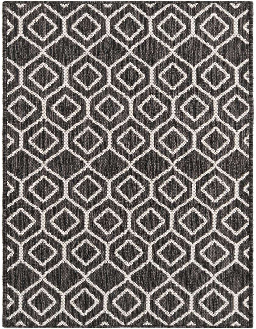 A 5 ft runner rug featuring a modern black and white trellis pattern, suitable for hallways or patios.