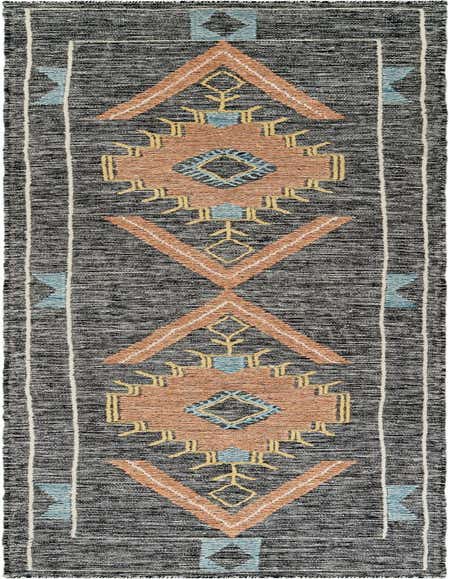 A 12 ft runner rug with a black and gray textured background, featuring a central tribal medallion pattern in terracotta, light blue, and yellow, with white border lines.