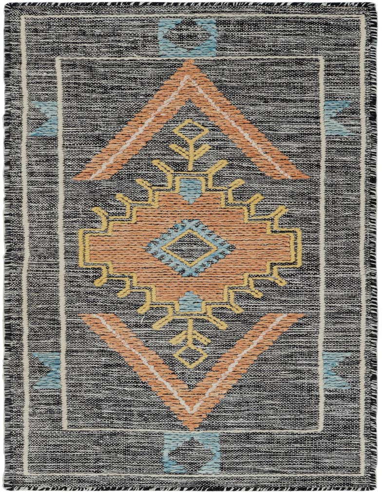 A 5 ft runner rug with a black and gray base, featuring a central orange medallion with yellow and light blue tribal patterns, and a light border.