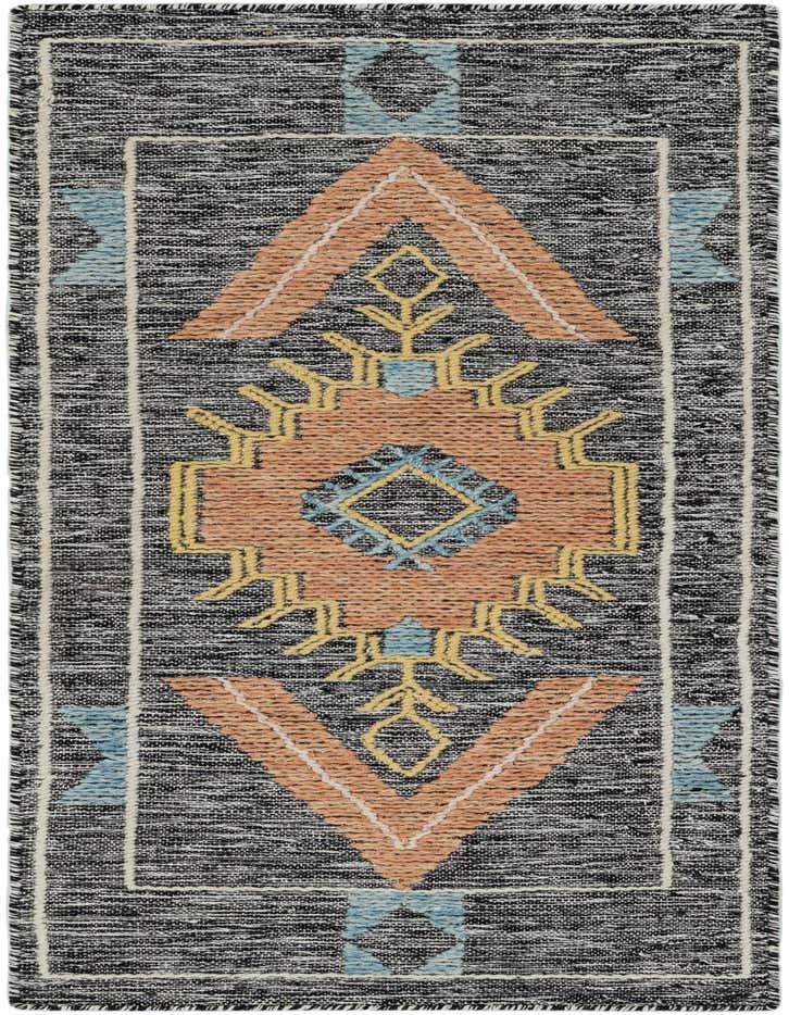 A 6 ft runner rug with a black and gray background, featuring a large orange medallion with yellow and light blue tribal accents.