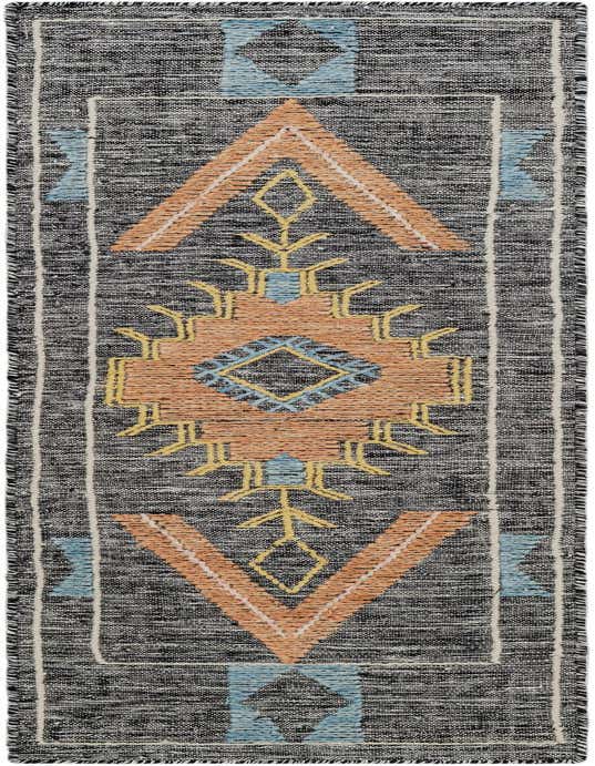 A black and gray 8 ft runner rug with a tribal medallion pattern in orange, light blue, and yellow, ideal for a hallway.