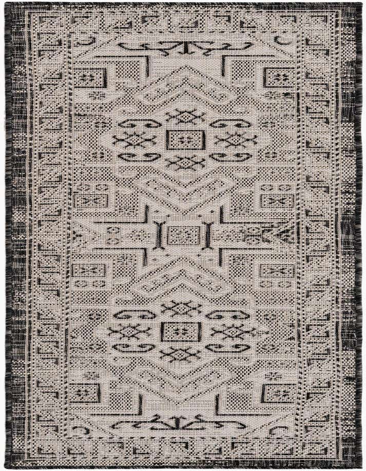 A 6 ft runner rug with a black and gray Southwestern tribal pattern, suitable for hallways or patios.