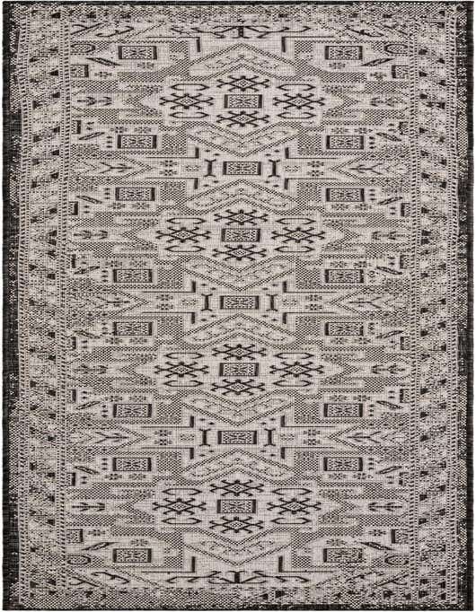 A 10 ft runner rug featuring a black and gray Southwestern tribal pattern, suitable for hallways or patios.