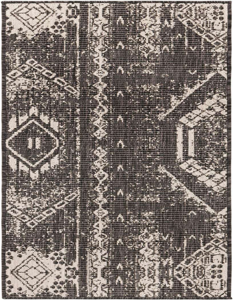 A 5 ft runner rug in black and off-white with a distressed traditional and geometric pattern, suitable for a hallway or patio.