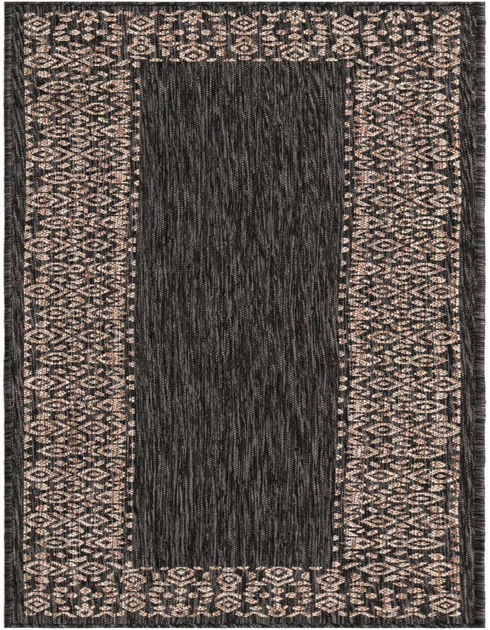 A 6 ft runner rug in black and gray with a light brown transitional border pattern, suitable for indoor or outdoor use.