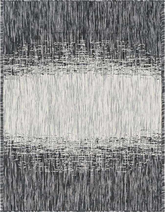 A 6 ft runner rug with a black and gray textured pattern, featuring a light gray central band, suitable for a hallway or kitchen.