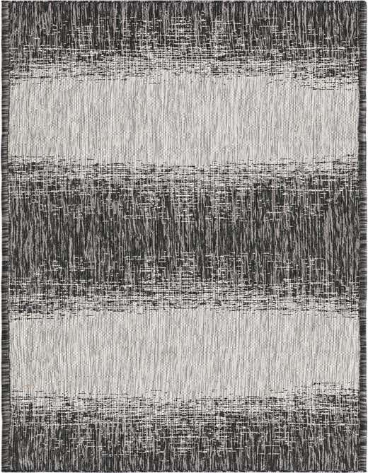 An 8 ft runner rug featuring wide horizontal stripes in black and light gray, with a textured, flatweave appearance, suitable for hallways or patios.