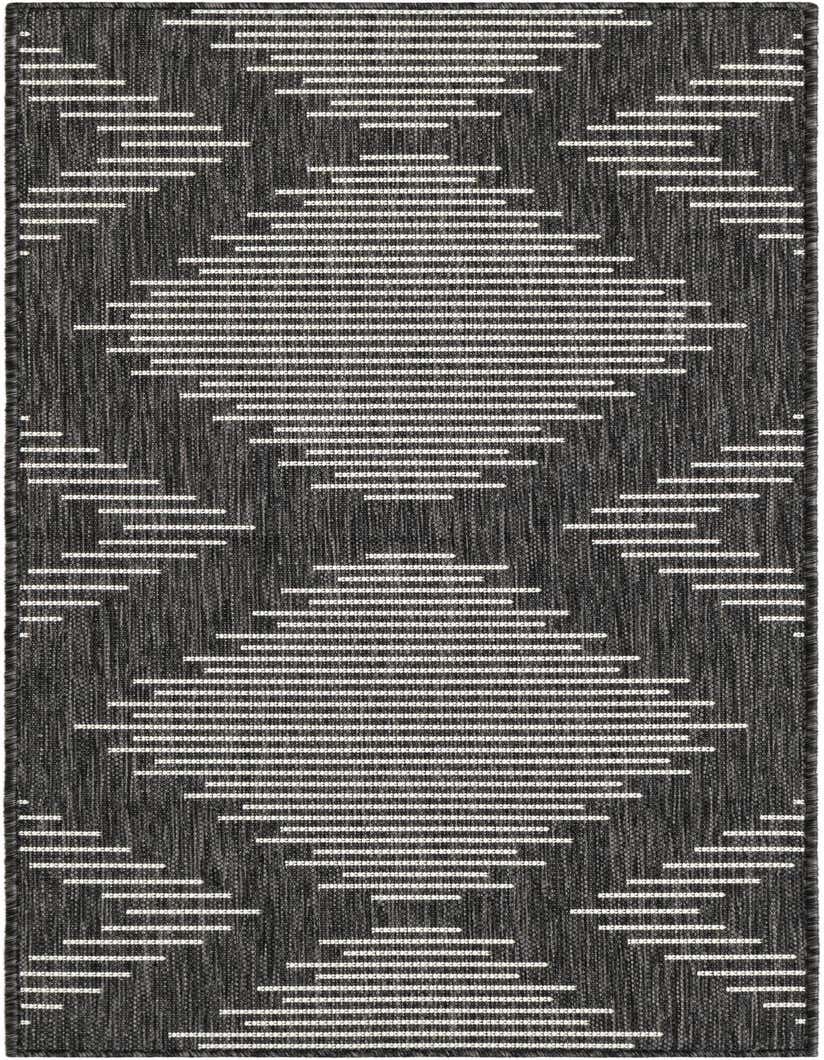 A 5 ft runner rug in black and off-white with a modern Southwestern geometric stripe pattern, ideal for a hallway or patio.