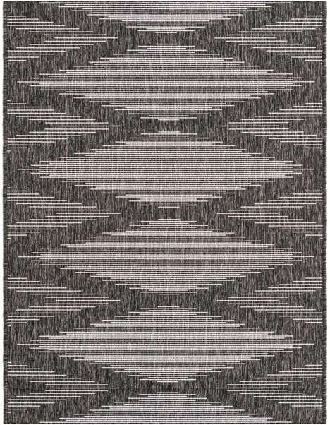 A 12 ft black and gray runner rug with a modern Southwestern diamond and stripe pattern, suitable for a hallway or patio.