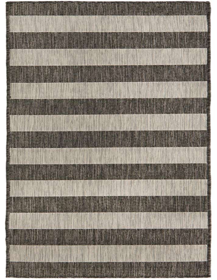 A 6 ft runner rug featuring wide horizontal stripes in alternating dark charcoal and light gray, with a textured flatweave.