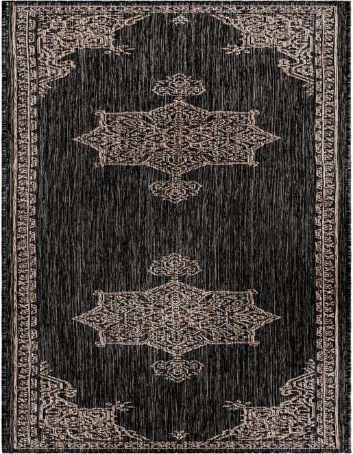 A 10 ft black and gray runner rug with a traditional medallion pattern and a flat, textured pile, suitable for a hallway or patio.