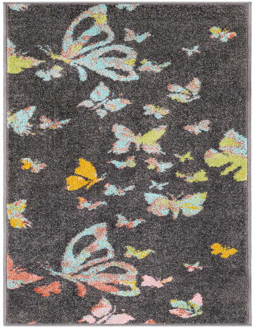 A dark gray runner rug with a playful pattern of colorful butterflies in shades of blue, orange, yellow, and pink, suitable for a hallway.