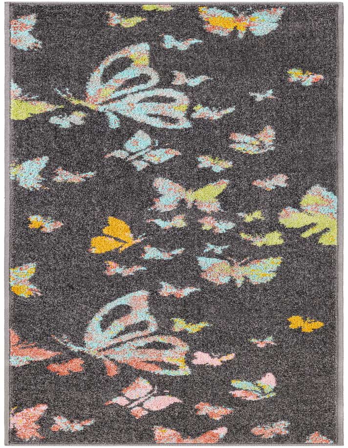 A 6 ft runner rug with a dark gray background featuring a vibrant, playful pattern of multicolored butterflies in shades of blue, pink, yellow, and green.