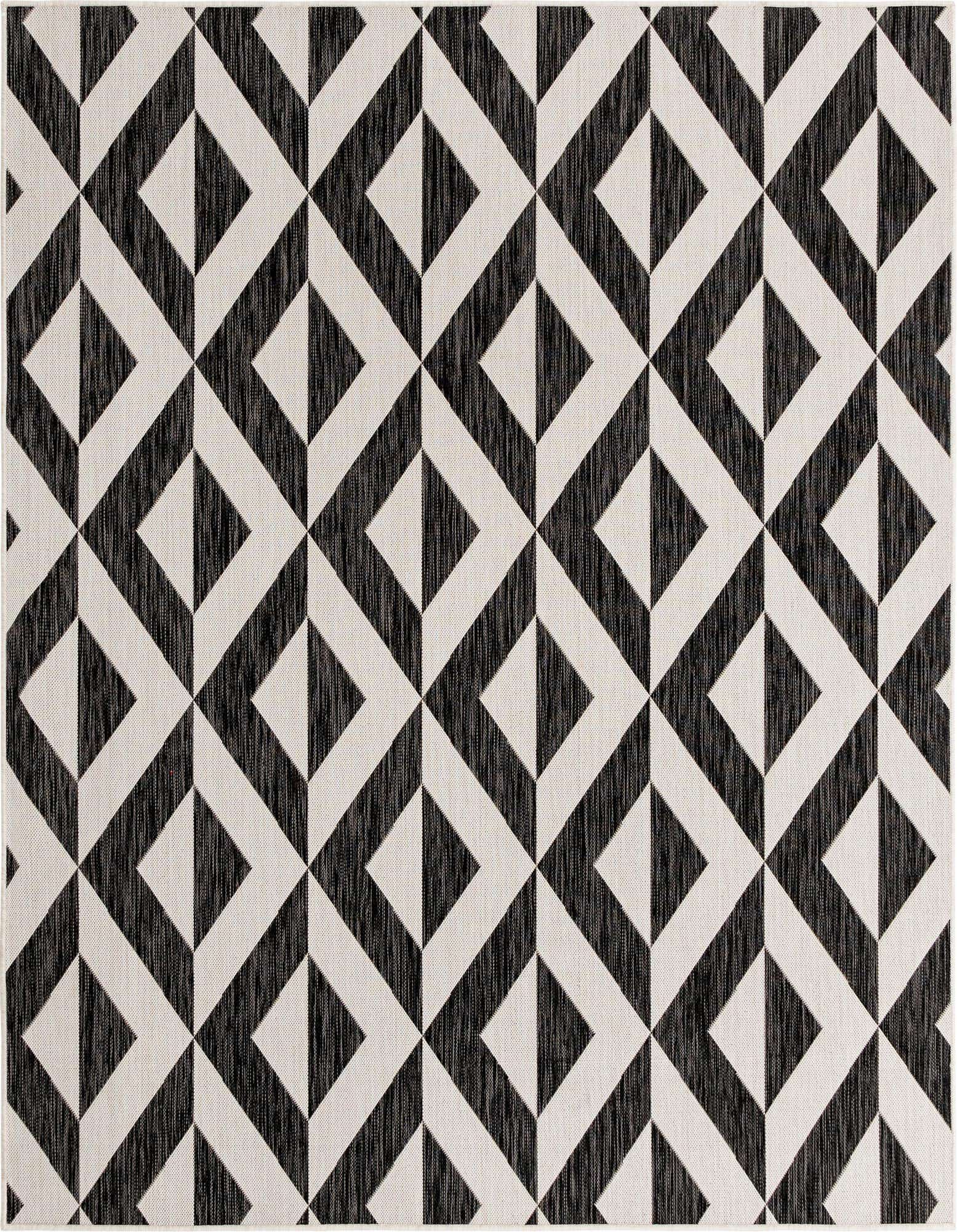 A black and white square rug with a bold geometric trellis pattern, ideal for a modern indoor or outdoor space.