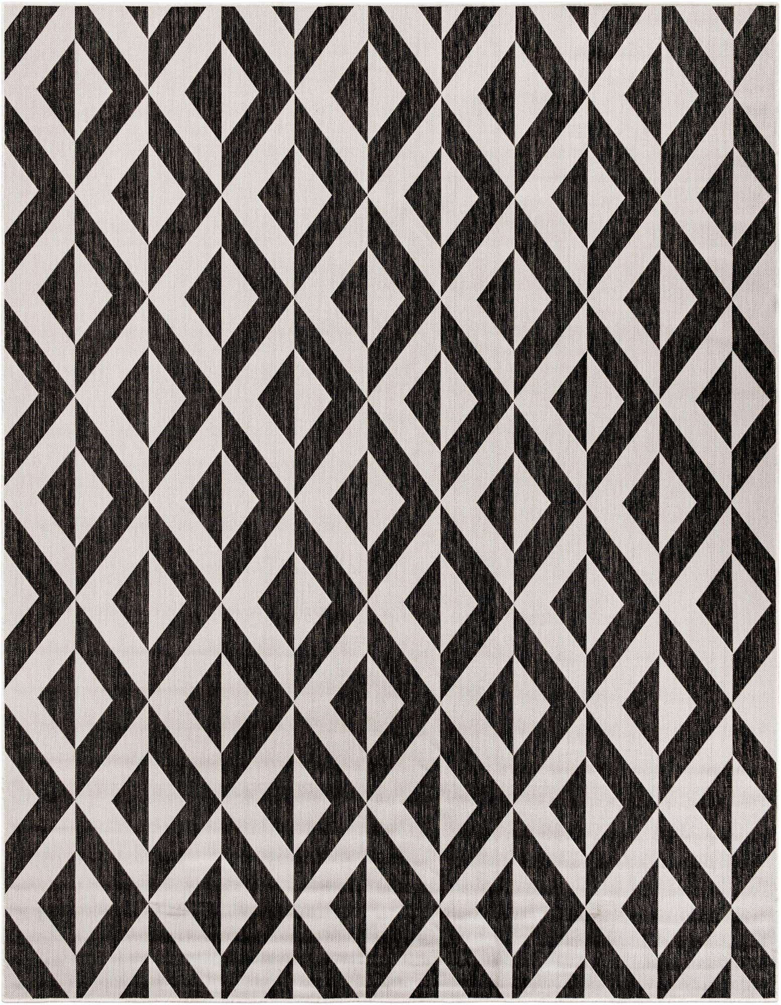 A 10'x10' square Jill Zarin Outdoor rug featuring a bold black and white geometric trellis pattern, ideal for a patio.