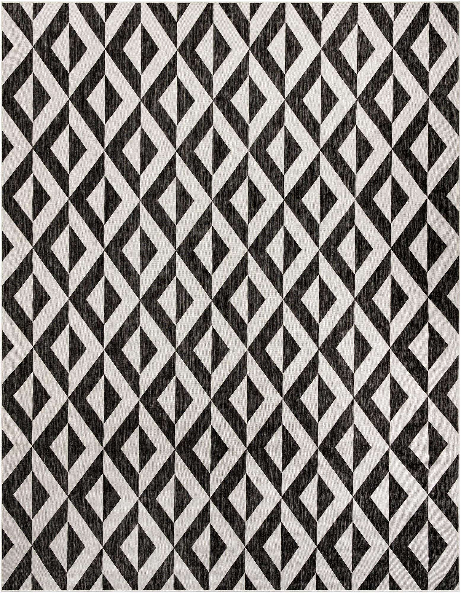 A 12'x12' square black and white geometric trellis rug with a textured flatweave pile, suitable for indoor or outdoor use.