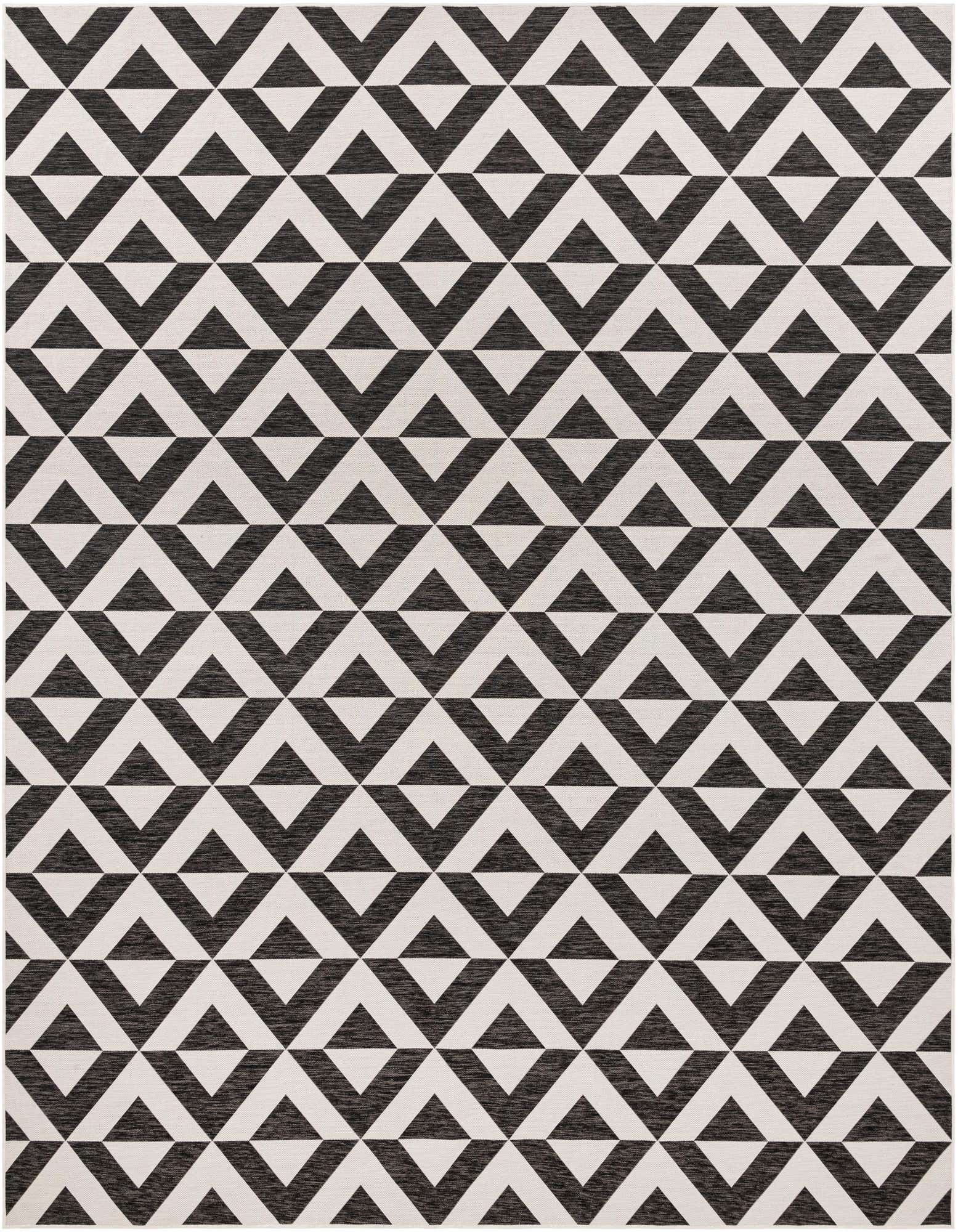 A 13' 0 x 13' 0 square black and white modern trellis pattern rug, ideal for indoor or outdoor spaces.