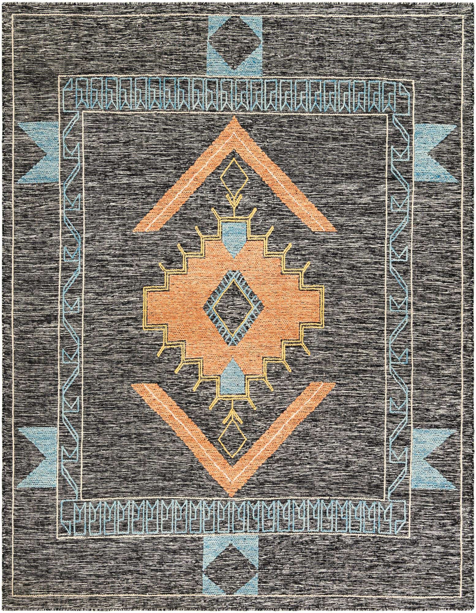 A square black and gray Kilim Wool rug featuring an orange, blue, and yellow tribal medallion pattern.