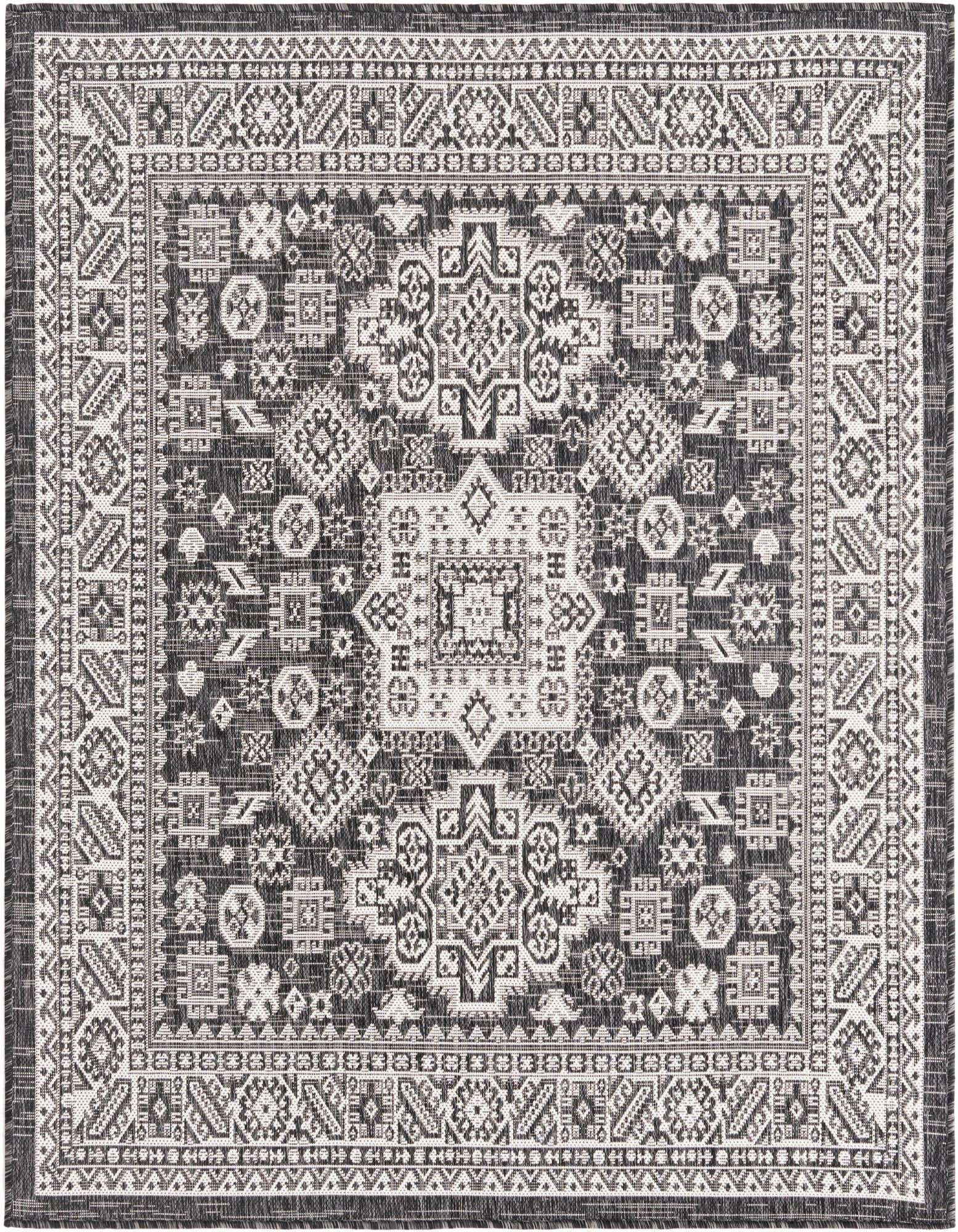 A 5'3" x 5'3" square black and gray Southwestern rug with intricate tribal patterns and a central medallion.