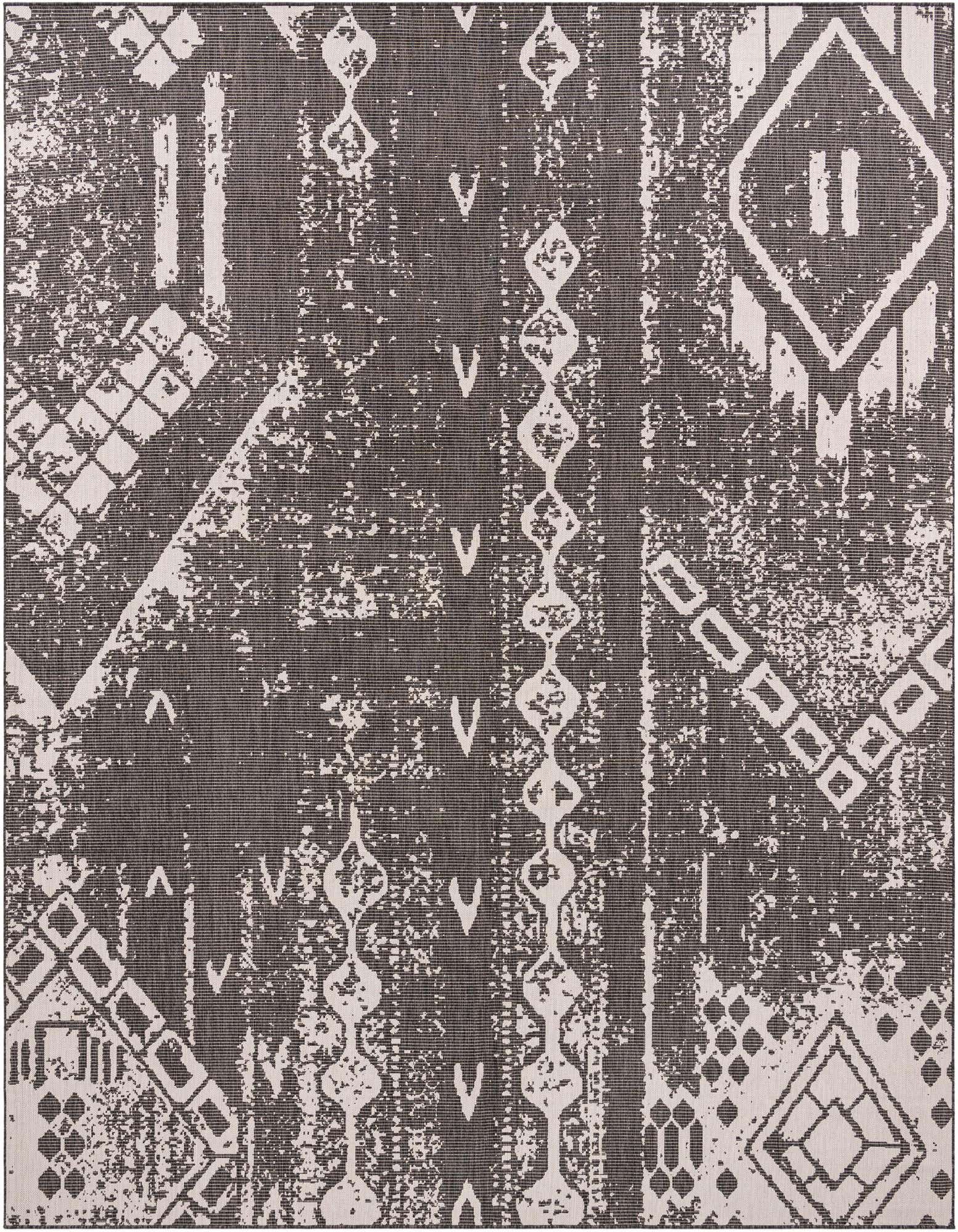 A 13' square black and gray modern abstract rug with distressed geometric patterns, suitable for indoor or outdoor use.